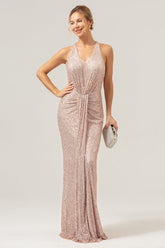 Zapaka Damen Glitzer Blush Ballkleid Meerjungfrau Halfter Rückenfreies Langes Abendkleid
